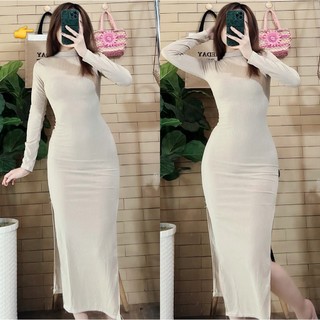 Đầm nữ thun gân nổi kiểu tay dài xẽ tà dáng dài kiểu trơn cổ tròn xinh xắn