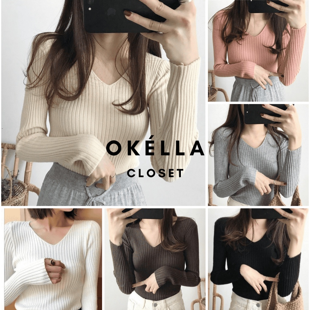 Áo len tăm nữ cổ tim V chất vải mềm mịn nhiều màu sắc co giãn ôm dáng Okélla