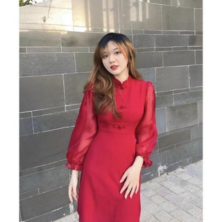 Đầm đỏ tàu phối tay voan Ren Dress