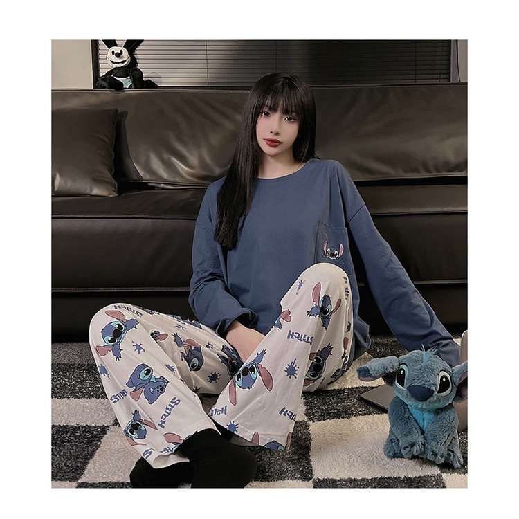 Bộ Đồ Ngủ In Hoạt Hình Stitch Phong Cách Nhật Bản Dễ Thương Thời Trang Xuân Thu Cho Nữ