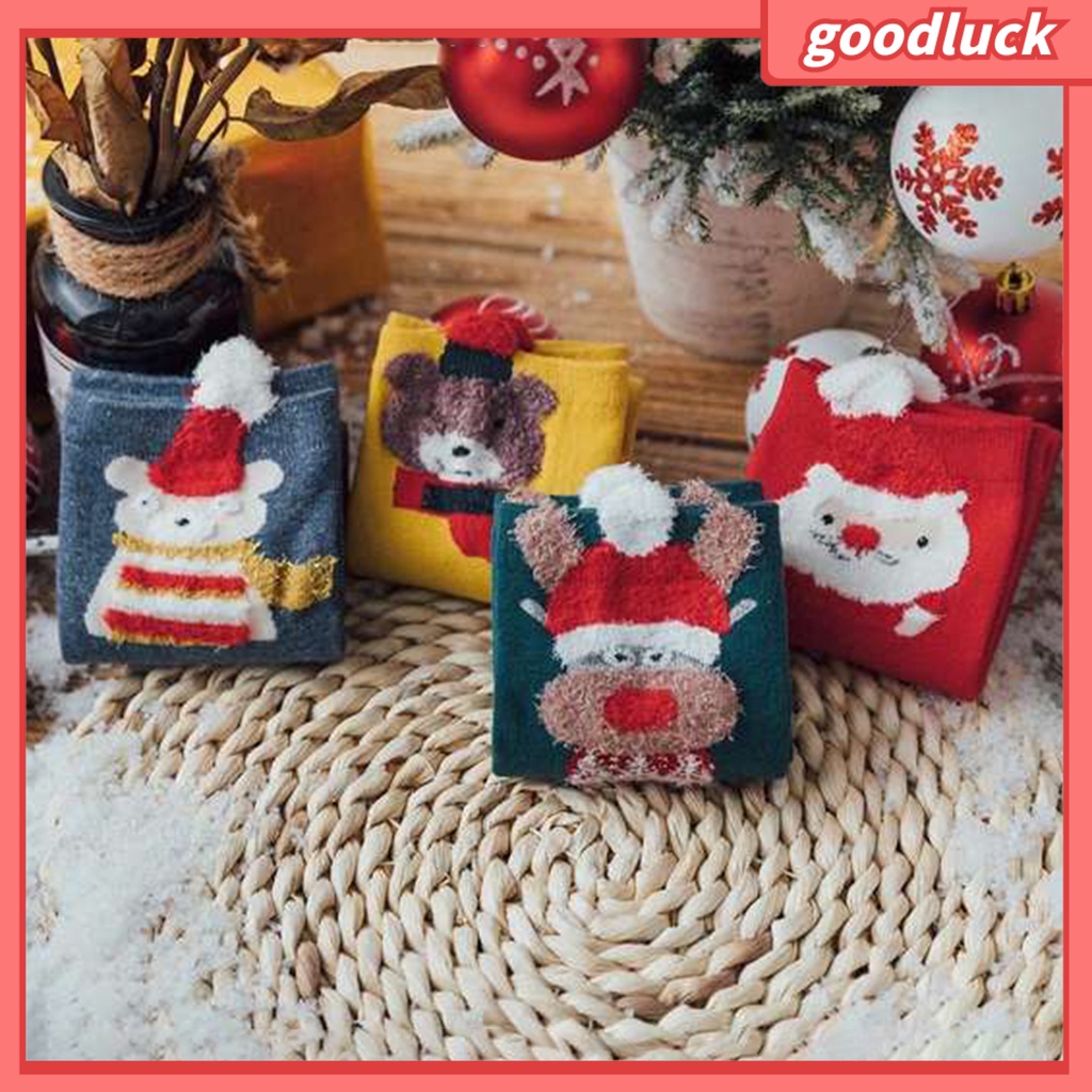 &lt; Luck &gt; Set 4 Đôi Tất Giáng Sinh Ấm Áp Co Giãn Cao Có Hộp Đựng Hình Hoạt Hình Giữ Ấm Hình Cáo Ông Già Noel Mặc Hàng Ngày