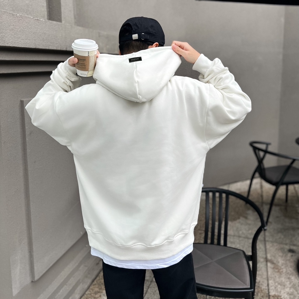 Áo Hoodie trắng form rộng 100% Cotton REW