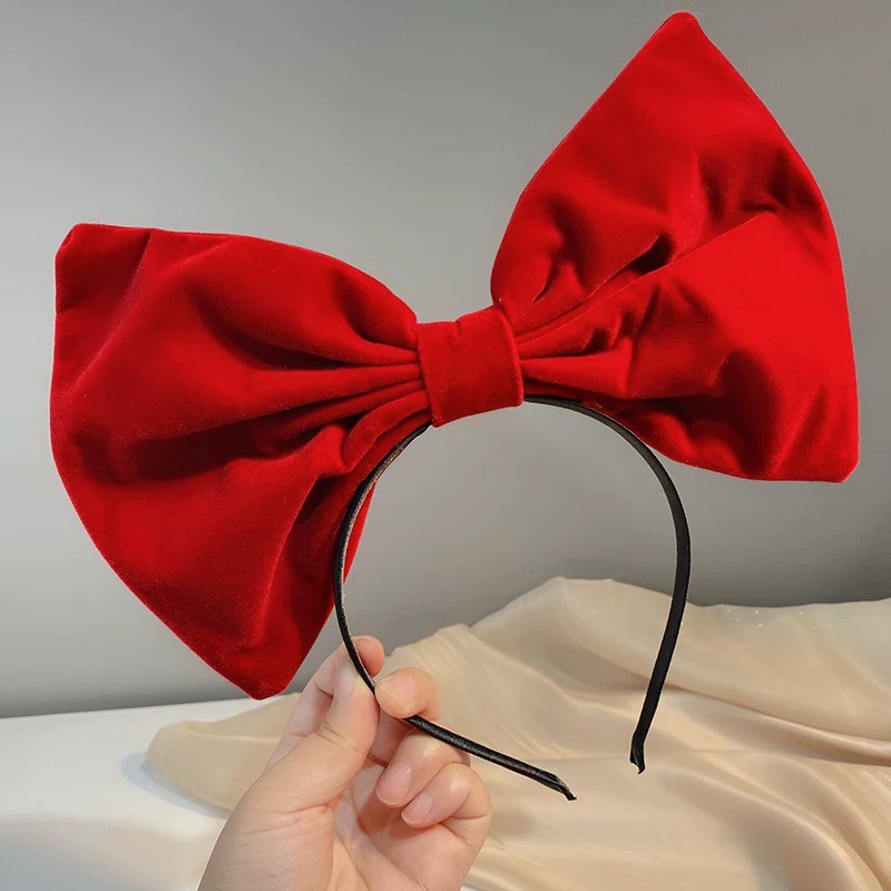 Bờm tóc nơ nhung, băng đô cho bé gái phom nơ siêu to màu đen và đỏ - L002