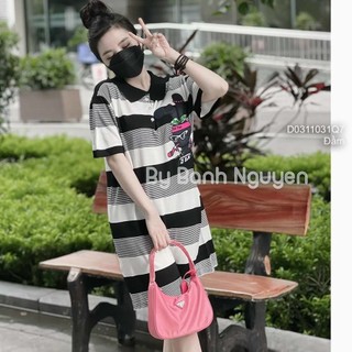 Đầm kẻ sọc dáng suông phối hình thỏ cổ bẻ tay con thời trang!