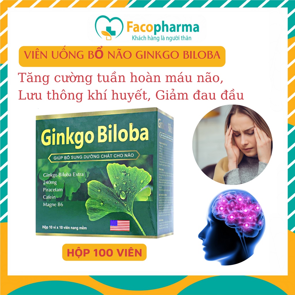 Hoạt huyết dưỡng não Ginko Biloba thực phẩm bổ não giảm mất ngủ đau đầu rối loạn tiền đình hộp 100 viên nang TPN1.2