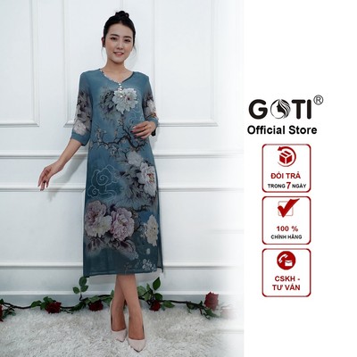 GOTI - Đầm Dự Tiệc Trung Niên Cao Cấp Dáng Dài Rộng Eo Che Bụng Tay Lỡ Cổ Tim Đính Hạt Châu Tặng Mẹ U50 U60 3352