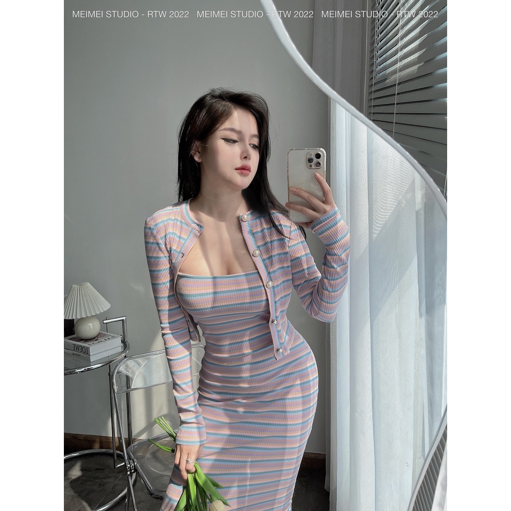 Set Colour 2 dây kẻ len tăm - Váy maxi ôm body và áo cardigan dài tay | XKSB08 | Meimei Studio