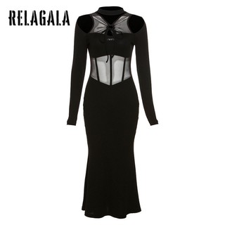 RelaGala Thời Trang Nữ Màu Trơn Ôm Cao Cổ Tròn Rỗng Dài Tay