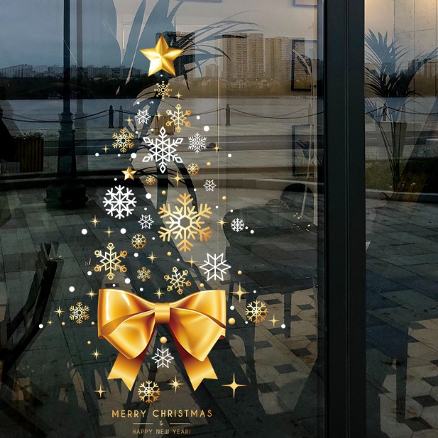 Decal trang trí Noel hít tĩnh điện - Cây thông hoa tuyết và nơ vàng