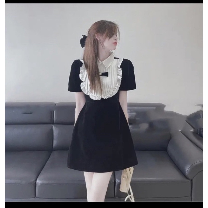Váy nhung phối cổ sơ mi có nơ BIGSIZE (55-85kg) VAA07- [LALA Bigsize]