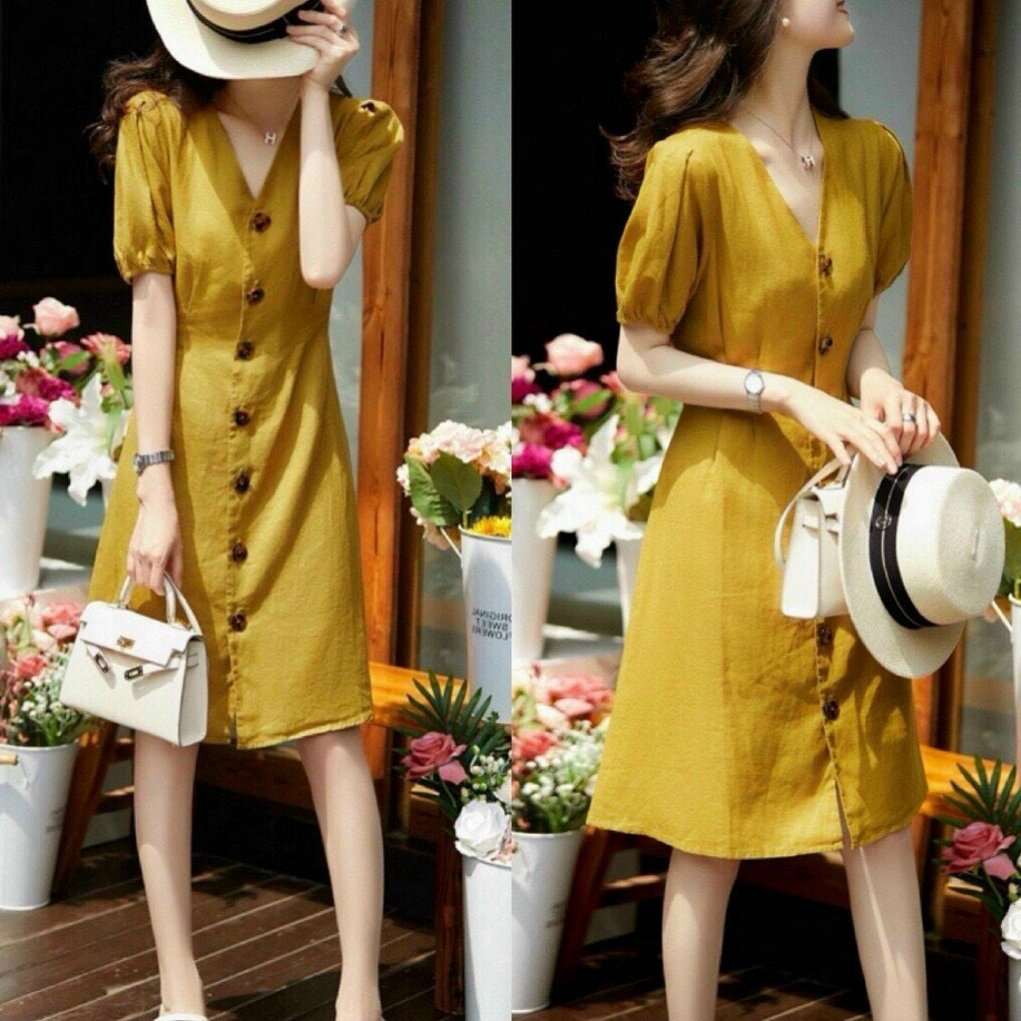 đầm váy công sở hàn quốc xếp li chất linen cao cấp loại 1 màu vàng đồng cài nút trước có size M,L,XL