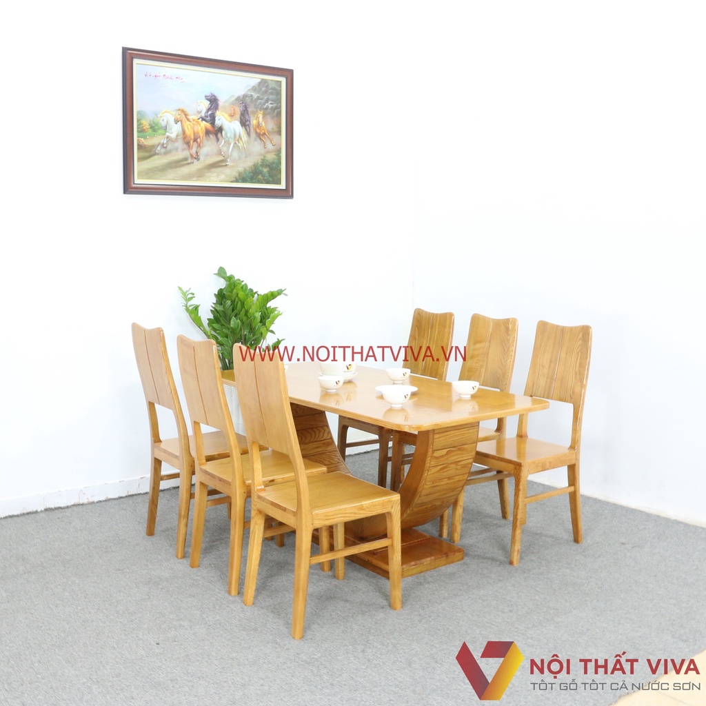 Bộ Bàn Ăn 6 Ghế Gỗ Sồi Nga Chân Bán Nguyệt Màu Vàng Hiện Đại Giá Rẻ