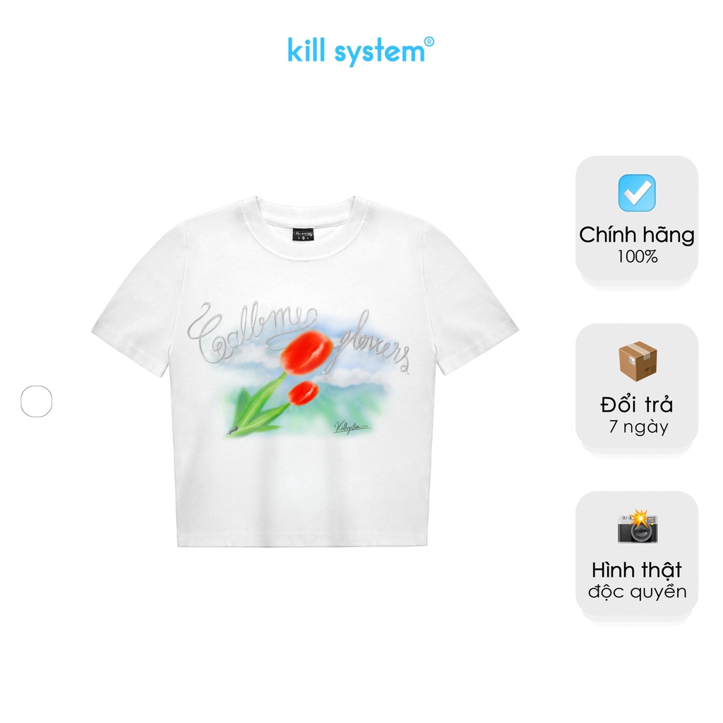 Áo thun KillSystem form baby tee in hình hoa Tulip màu trắng chất thun co giãn