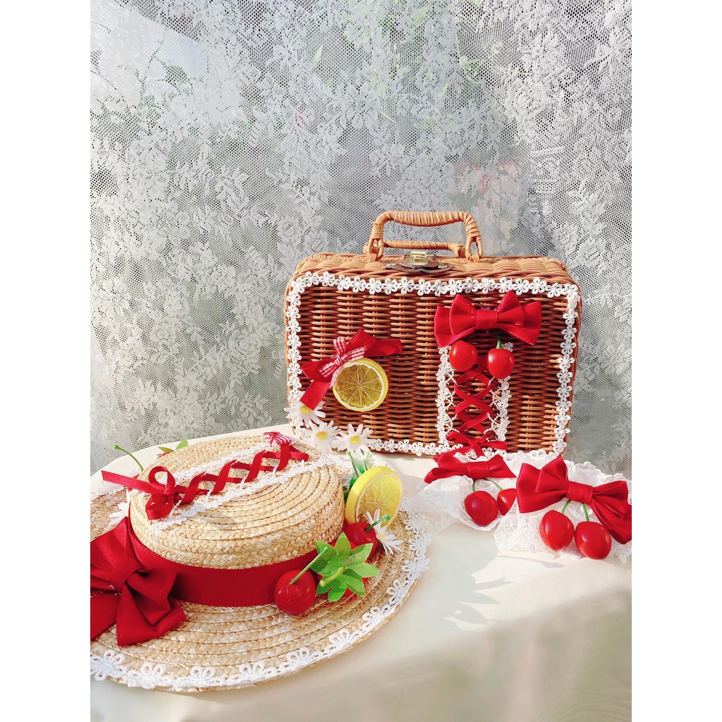 ⚡PHỤ KIỆN LOLITA ⚡ Mũ cói rộng vành và giỏ mây nhựa đính nơ/hoa/dâu tây ... phối ren phong cách Lolita nhật bản cho nữ