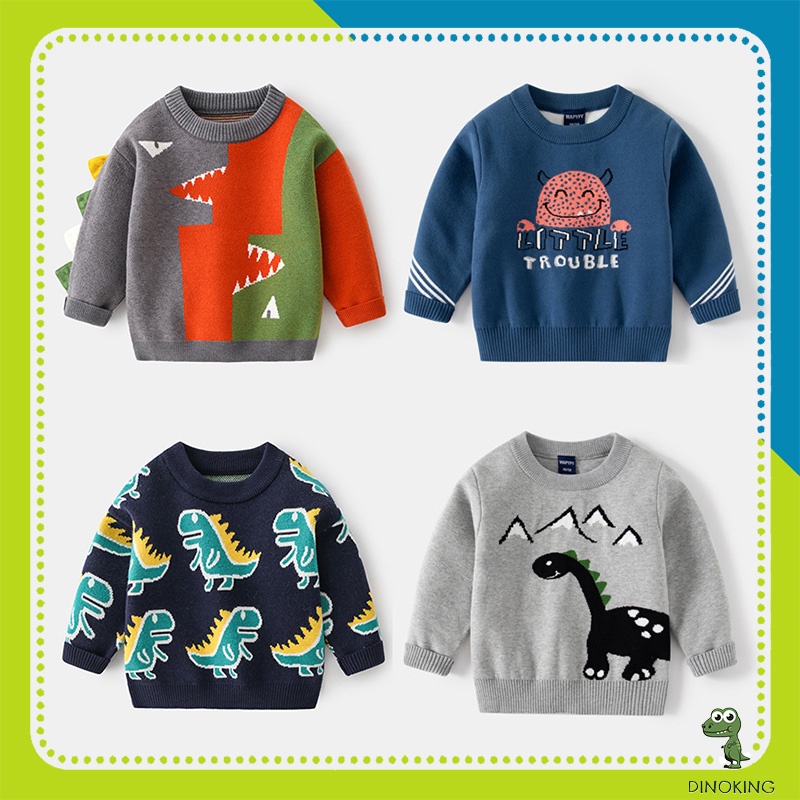 Áo len bé trai DINOKING Áo len cho bé 2 lớp dày dặn siêu ấm họa tiết khủng long thu đông cho trẻ em 2 - 7 tuổi AL01