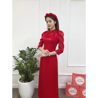 Áo dài voan tơ óng cổ truyền thống đính hạt cổ và hoa rủ màu đỏ by Quỳnh Hương