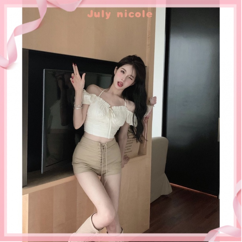 Nicole Áo Cánh Sen Nhật Bản Tay Áo Lá Sen Hai Dây Xương Quai Xanh Dương Cà Phê Nóng Bỏng Màu Sắc Ngọt Ngào Cho Nữ