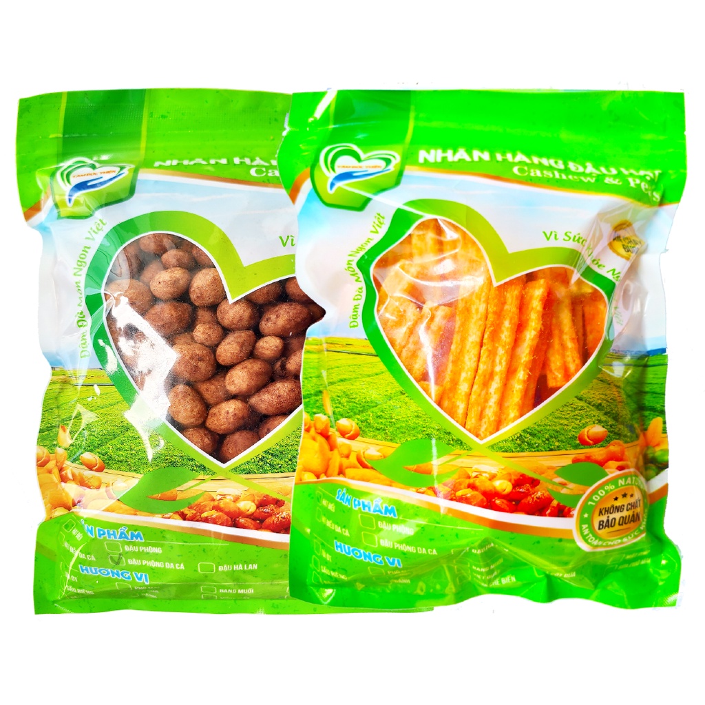 Combo 2 Túi: Đậu Phộng Da Cá Cacao 500GR và Túi Bánh Khoai Tây Phô Mai Que & Đậu Hà Lan 178GR Tâm Đức Thiện đồ ăn vặt