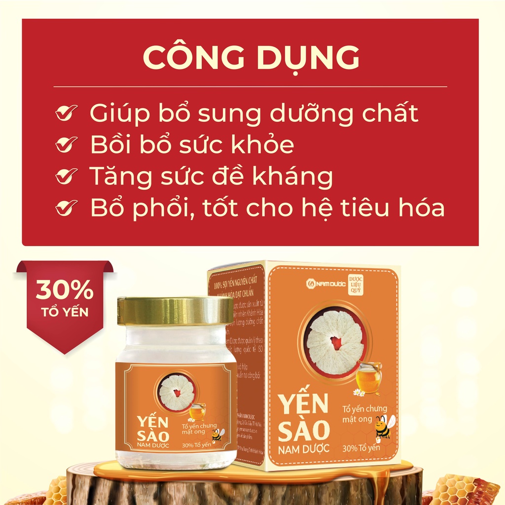 Yến sào Nam Dược tổ yến chưng mật ong giúp tăng sức đề kháng ,bổ phổi, tốt cho hệ tiêu hoá, hộp 1 lọ 70ml