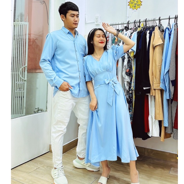 Đồ đôi nam nữ cao cấp gồm váy và áo sơ mi hình thật shop tự chụp