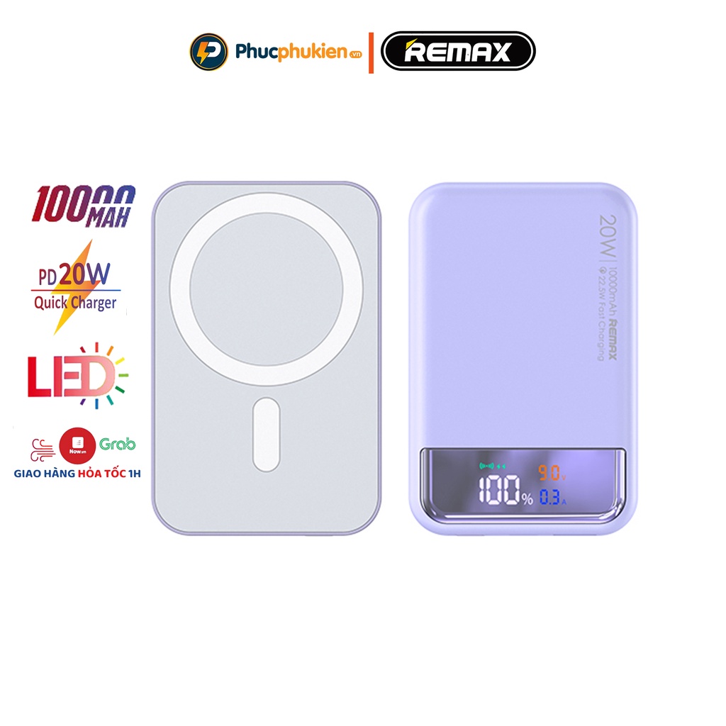 Sạc dự phòng không dây 10000mah Remax RPP 525 hỗ trợ sạc không dây 15w và 2 cổng sạc 20w và 22,5w Phúc Phụ Kiện