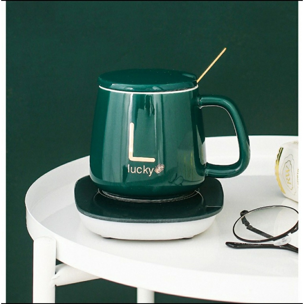 Cốc Hâm Nóng LucKy , Bộ ly sứ kèm đế điện hâm nóng trà, cafe, hâm sữa + Tặng kèm thìa vàng, hộp sang trọng