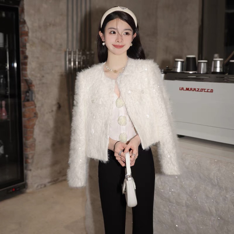 Áo khoác nữ Channel đính hoa sequin nhỏ lấp lánh