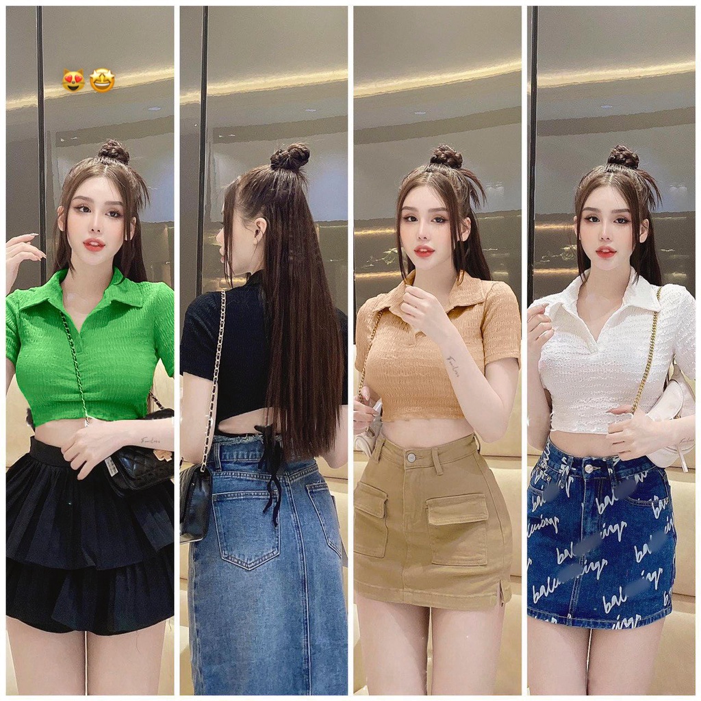 Áo croptop cổ bẻ chất xốp mềm mịn