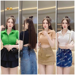 Áo croptop cổ bẻ chất xốp mềm mịn