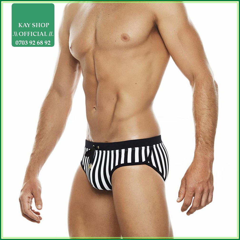 Quần bơi nam sọc trắng đen có túi đựng miếng lót - Bikini nam dây rút đi bơi chụp hình