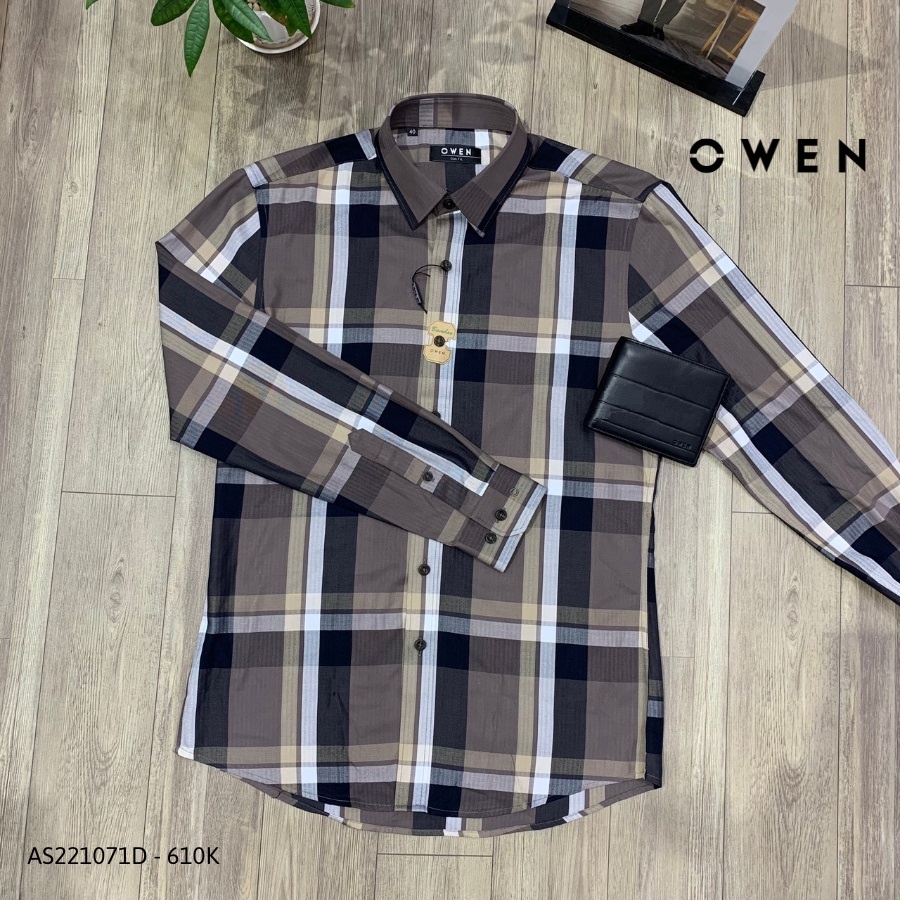 Áo Sơ Mi Nam Dài Tay OWEN AS221071D Somi Công Sở Vải Sợi Tre Cao Cấp Kẻ Caro Nâu Ghi Dáng Slim Fit Tà Lượn Không Túi