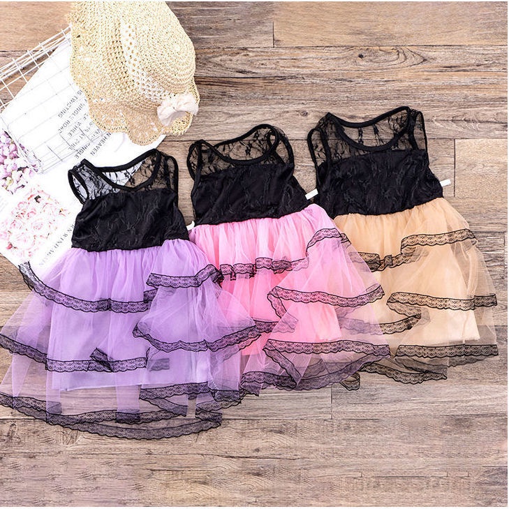 Đầm Lụa Đen Sát Nách Phối Ren Dễ Thương Cho Bé Gái 0-7 Tuổi