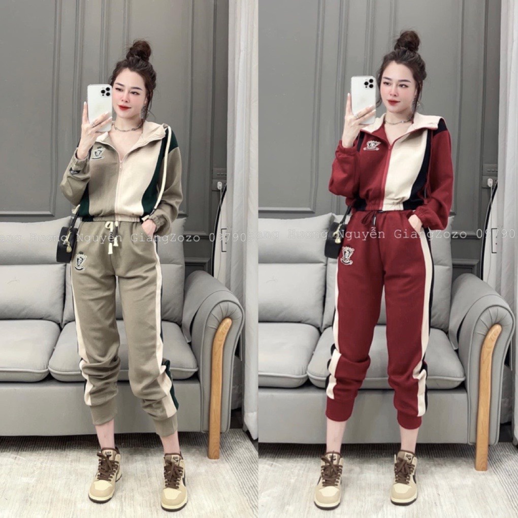 Bộ nỉ thu đông phối màu, bộ nỉ dài tay kiểu dáng thể thao, hàng cao cấp cho nữ,