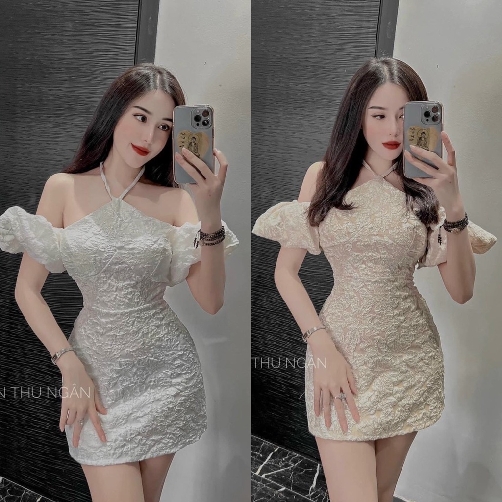 Đầm váy nữ 2 màu sang chảnh ôm body tôn dáng họa tiết dây cổ yếm trên vai phối gấm ( có mút ngực , có lót ) cực xinh