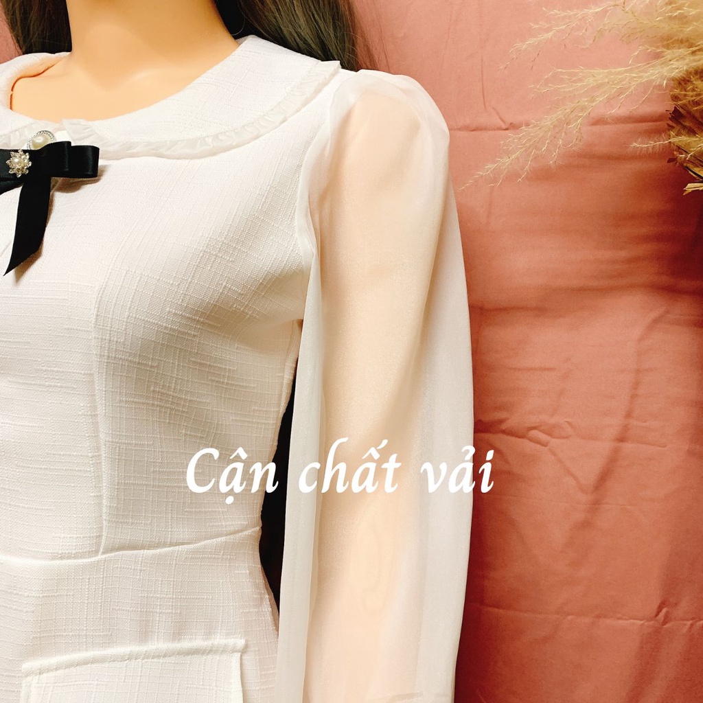 Đầm Nữ Màu Trắng Cổ Sen Tay Voan Siêu Xinh HNK368