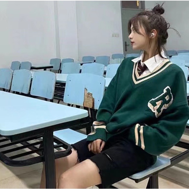 Áo Nỉ Nữ Cổ V Phối Viền Chữ R, Áo Sweater Hàn Quốc Phong Cách