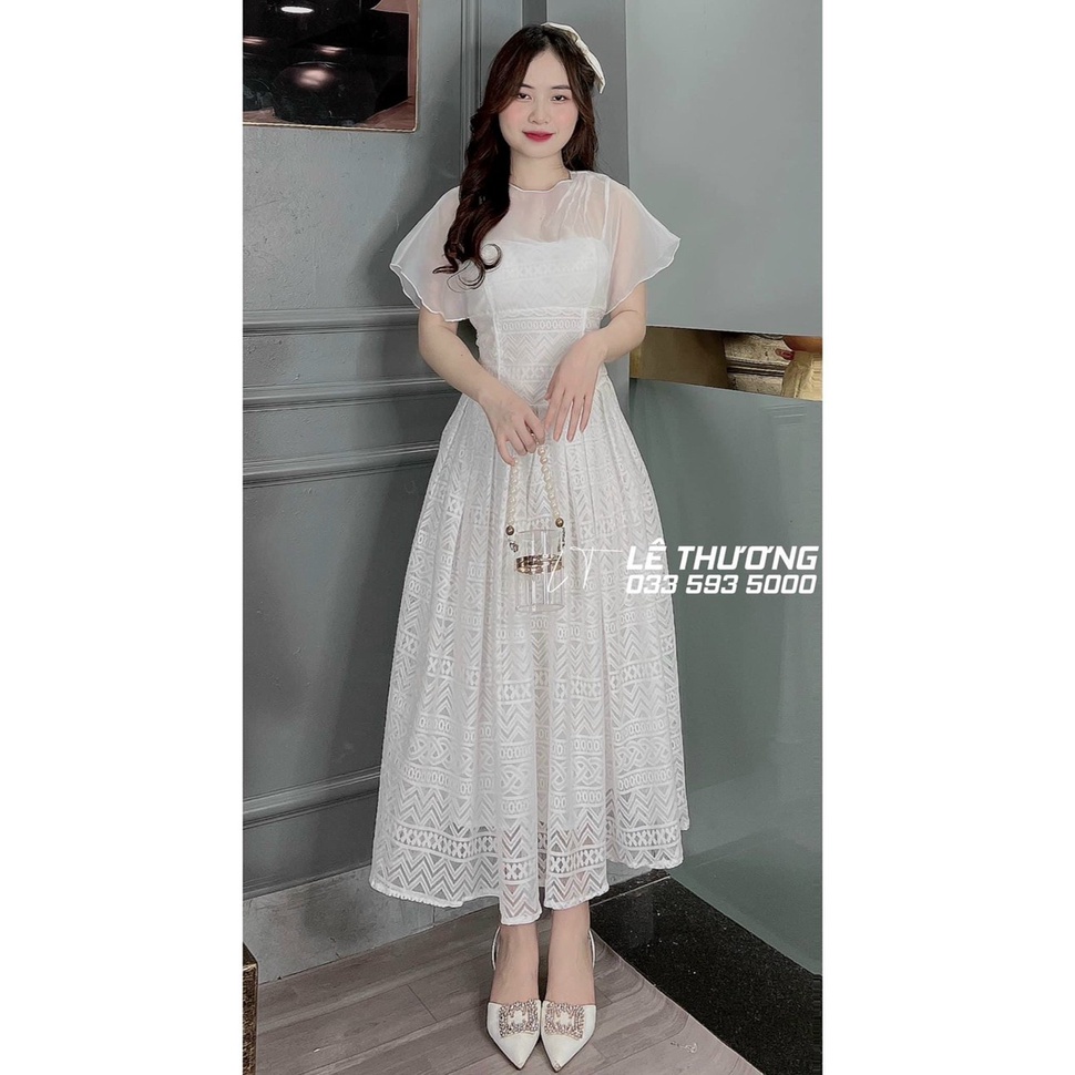 Đầm midi trắng ren hoa nổi phối voan tay cánh tiên dự tiệc cưới công chúa tiểu thư dịu dàng thảo nhi shop