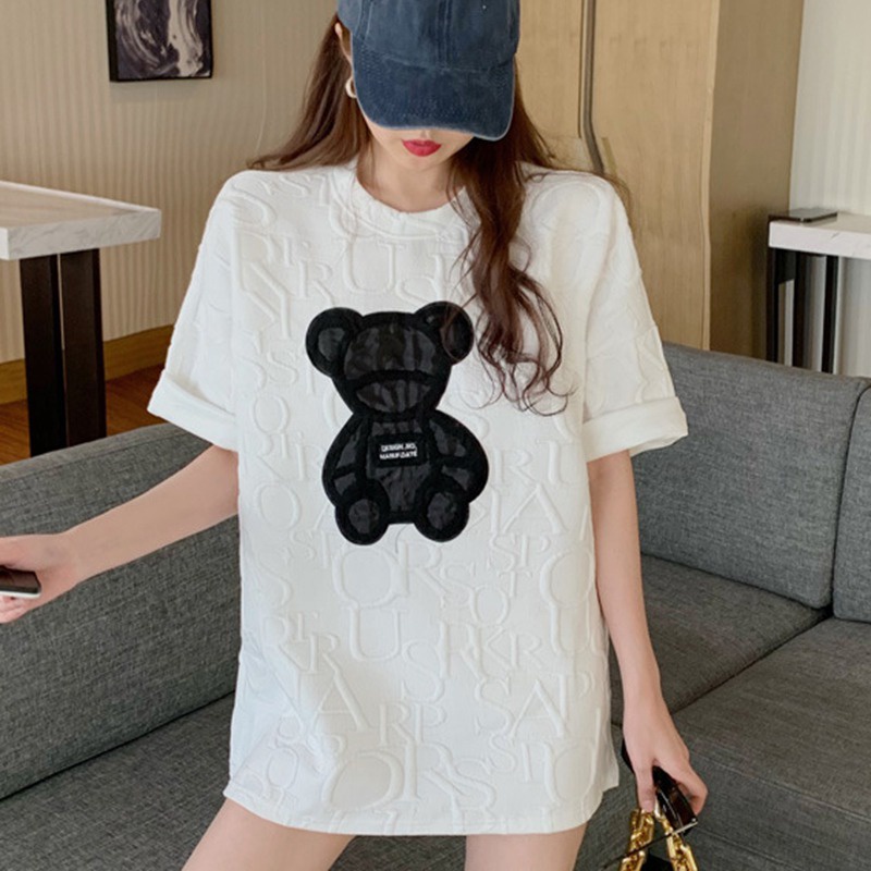 Áo Thun Tay Ngắn Cổ Tròn Thêu Hình Gấu Dễ Phối Đồ Thời Trang Cho Nữ