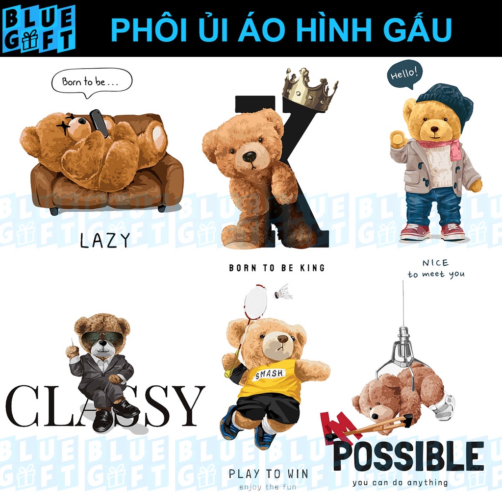 (Hình Ủi Nhiệt Quần Áo - Miếng Dán Ủi Quần Áo) Có In Theo Yêu Cầu, Hình Ủi Gấu G23 - Blue Gift