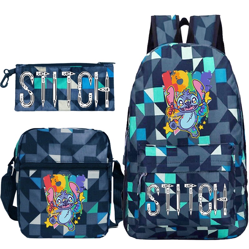 Set 3 Balo Túi Xách Ví Canvas Họa Tiết Hoạt Hình Stitch Dễ Thương Cho Bé
