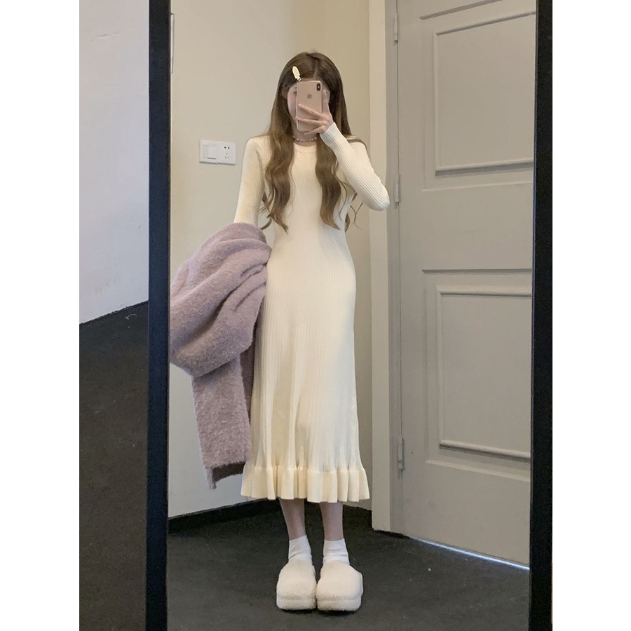 Đầm Sweater Dệt Kim Dáng Dài Qua Gối Cổ Tròn Có 3 Màu Thời Trang Thu Đông