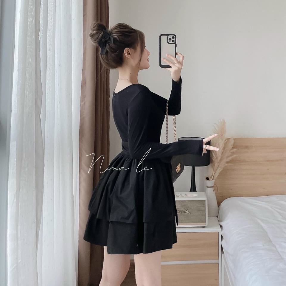 Set váy nữ EVANIA set váy tiểu thư dáng xòe thiết kế có nơ thắt eo sang chảnh, váy dự tiệc màu Đen MÃ B250