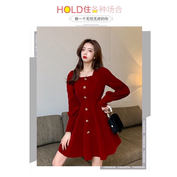 Đầm xòe dự tiệc cổ vuông tay dài phong cách Pháp cổ điển sang trọng trẻ trung -Thời Trang VADA (Đ58)