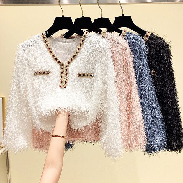 Áo Kiểu Tay Dài Dáng Rộng Cổ Chữ V Đính Đá Phối Tua Rua Thời Trang Thu Đông Hàn Quốc Mới 2022 Dành Cho Bạn Nữ