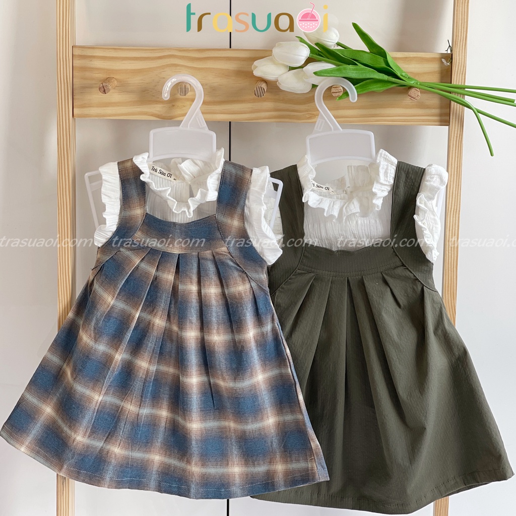 Set yếm bé gái, váy yếm cho bé gái từ 1, 2, 3, 4, 5, 6, 7 tuổi kèm áo croptop bé gái nhiều màu - TRASUAOI D064