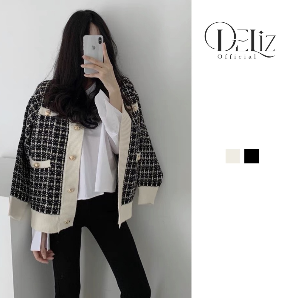 Áo khoác cardigan len sang chảnh DELIZ, khoác len dáng ngắn kim tuyến phong cách Hàn Quốc