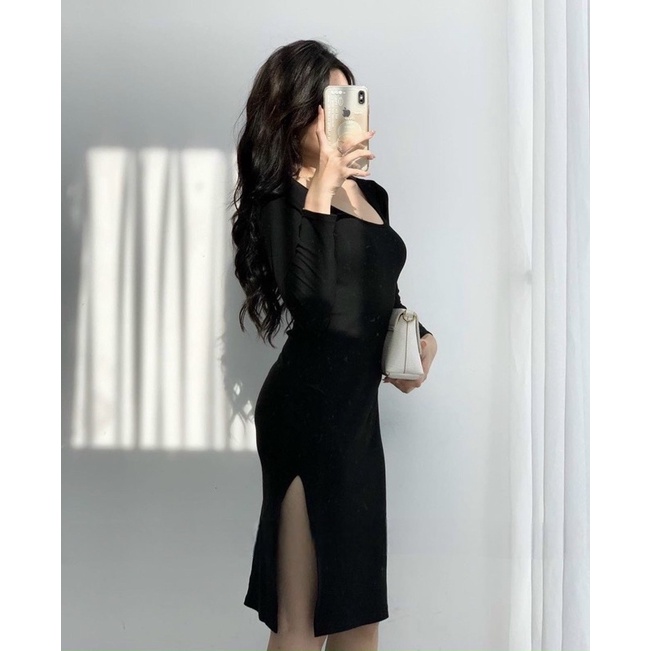 ĐẦM BODY ĐEN CỔ U XẺ ĐÙI