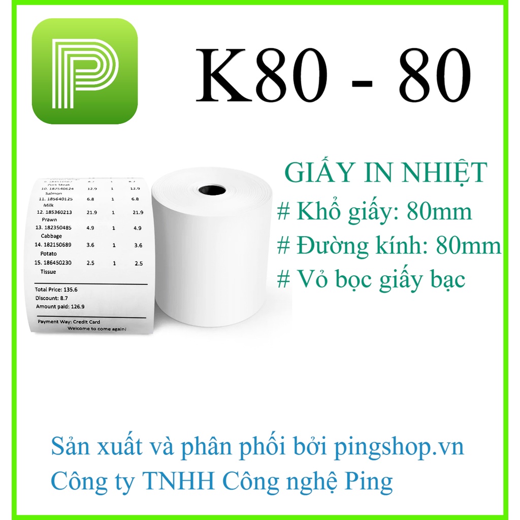 Cuộn giấy in hóa đơn, in bill, in nhiệt K80x80 dùng cho máy in nhiệt khổ 80mm