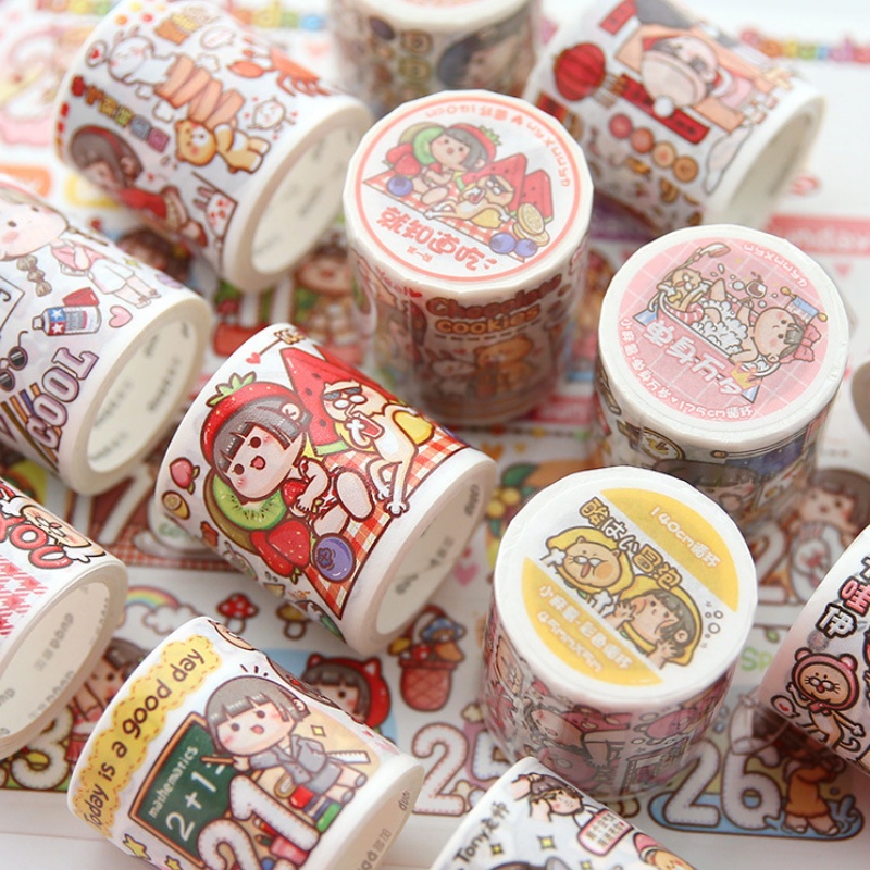 Mochi nhỏ Cuộn nhãn dán họa tiết hoạt hình dễ thương dùng để trang trí diyToàn bộ băng keo