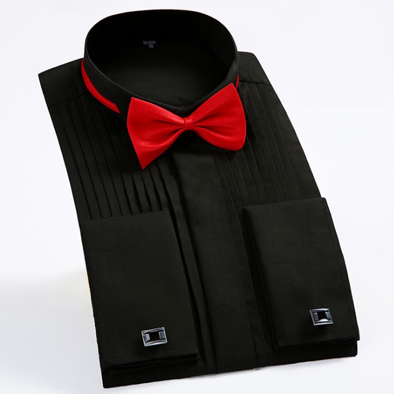 Áo Sơ Mi Tuxedo Tay Dài Màu Trắng Đen Đính Nơ Kiểu Pháp Cho Nam